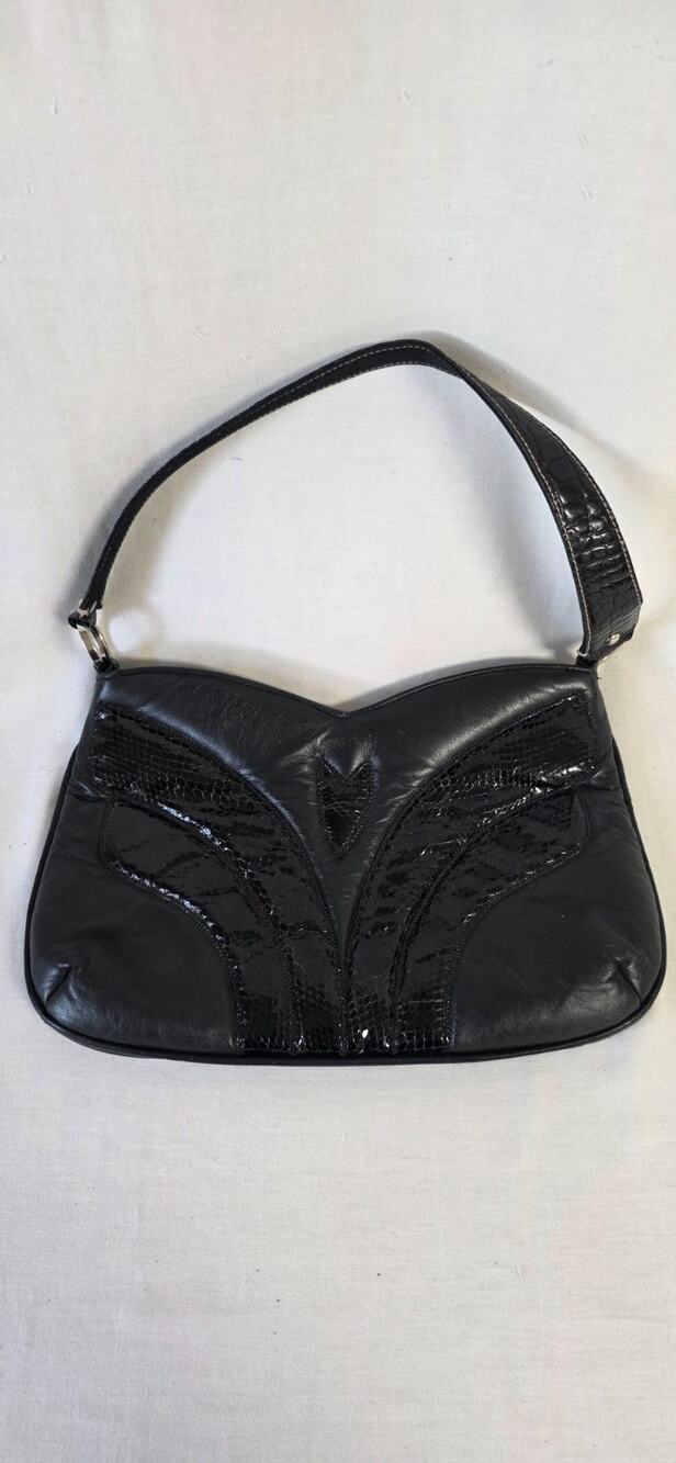 Vintage De Luxe Black Leather Shoulder Bag Butterfly Motif